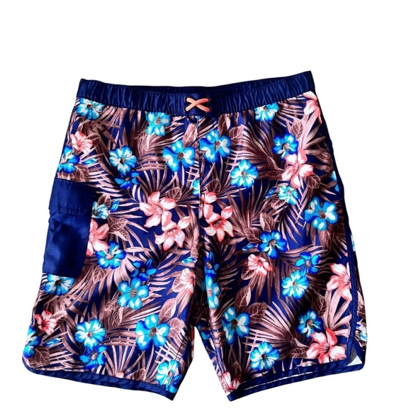Lands’ End Swim Trunk Mesh Lining Boys 18/20 Husky Navy Floral Print Pockets 8.5 - Picture 1 of 2